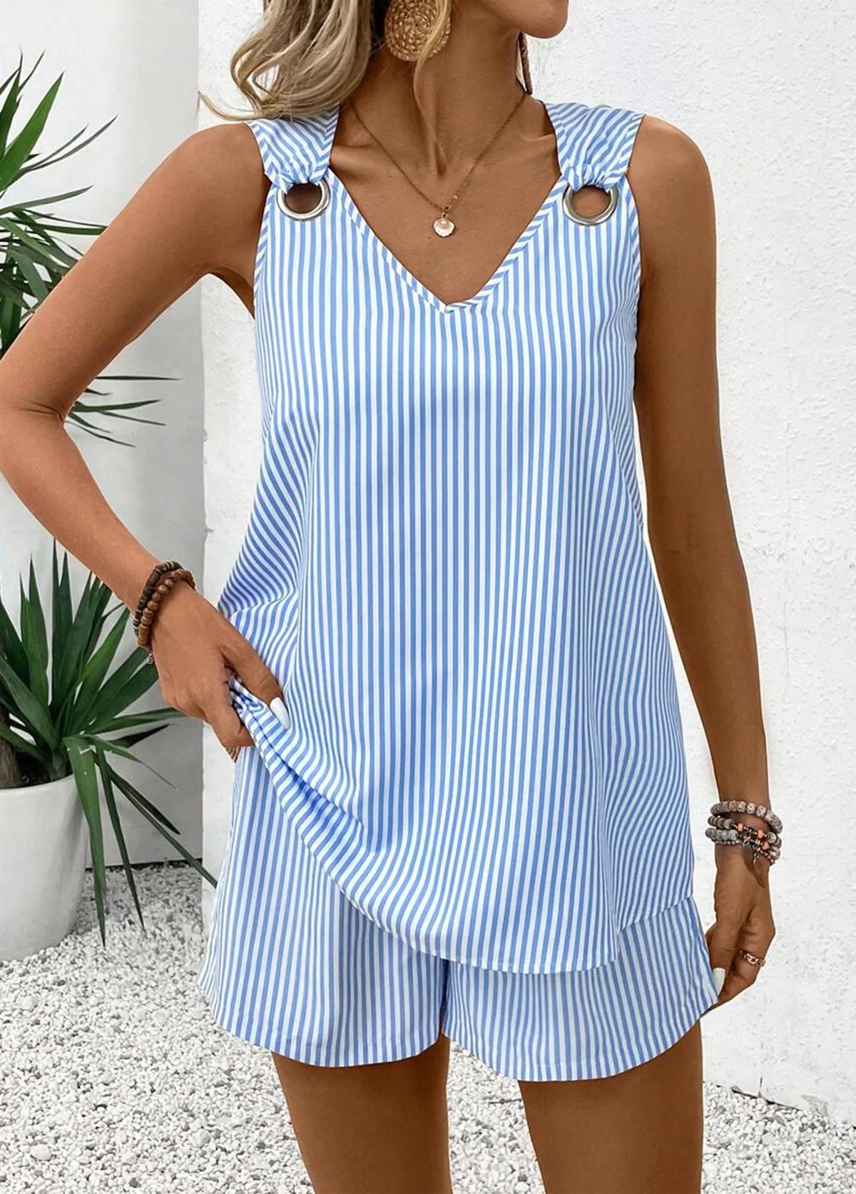 Casual Striped V Neck Loose Two-Piece Set