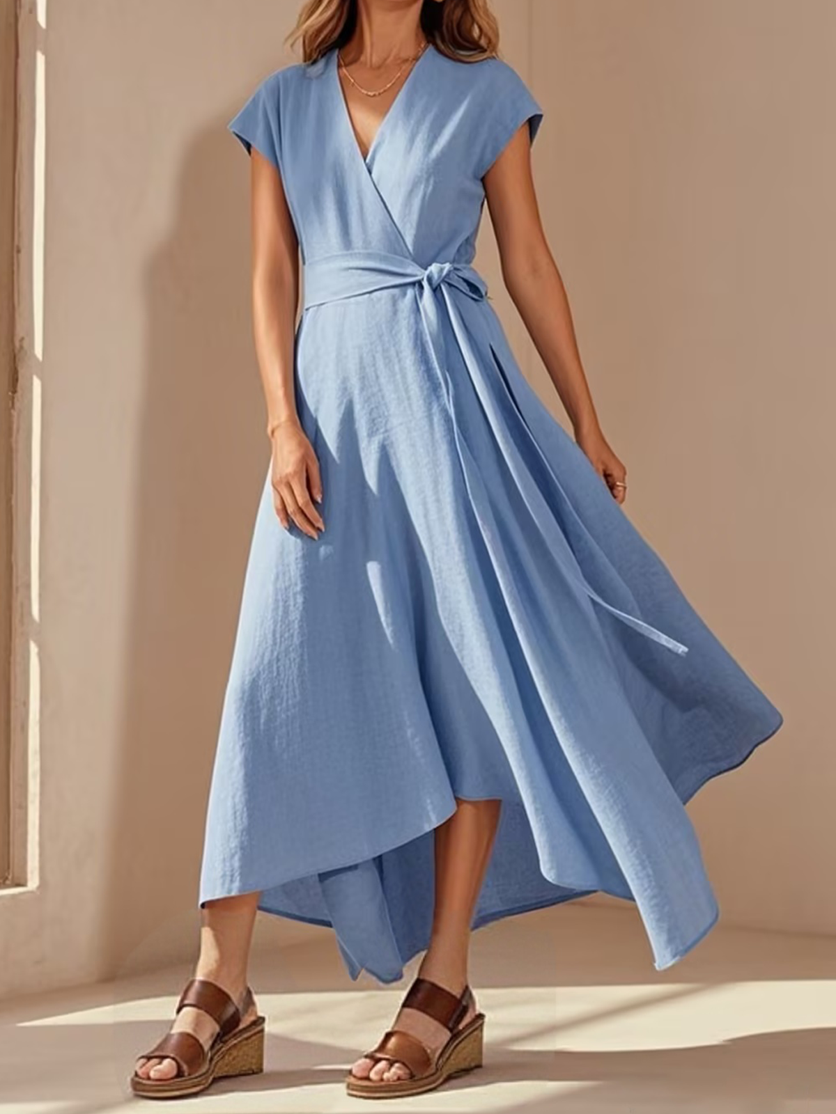 Urban Plain V Neck linen-cotton Maxi Dress Belt