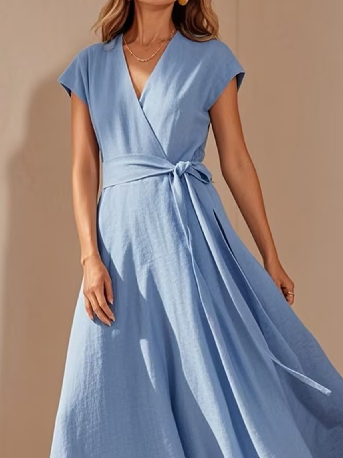 Urban Plain V Neck linen-cotton Maxi Dress Belt