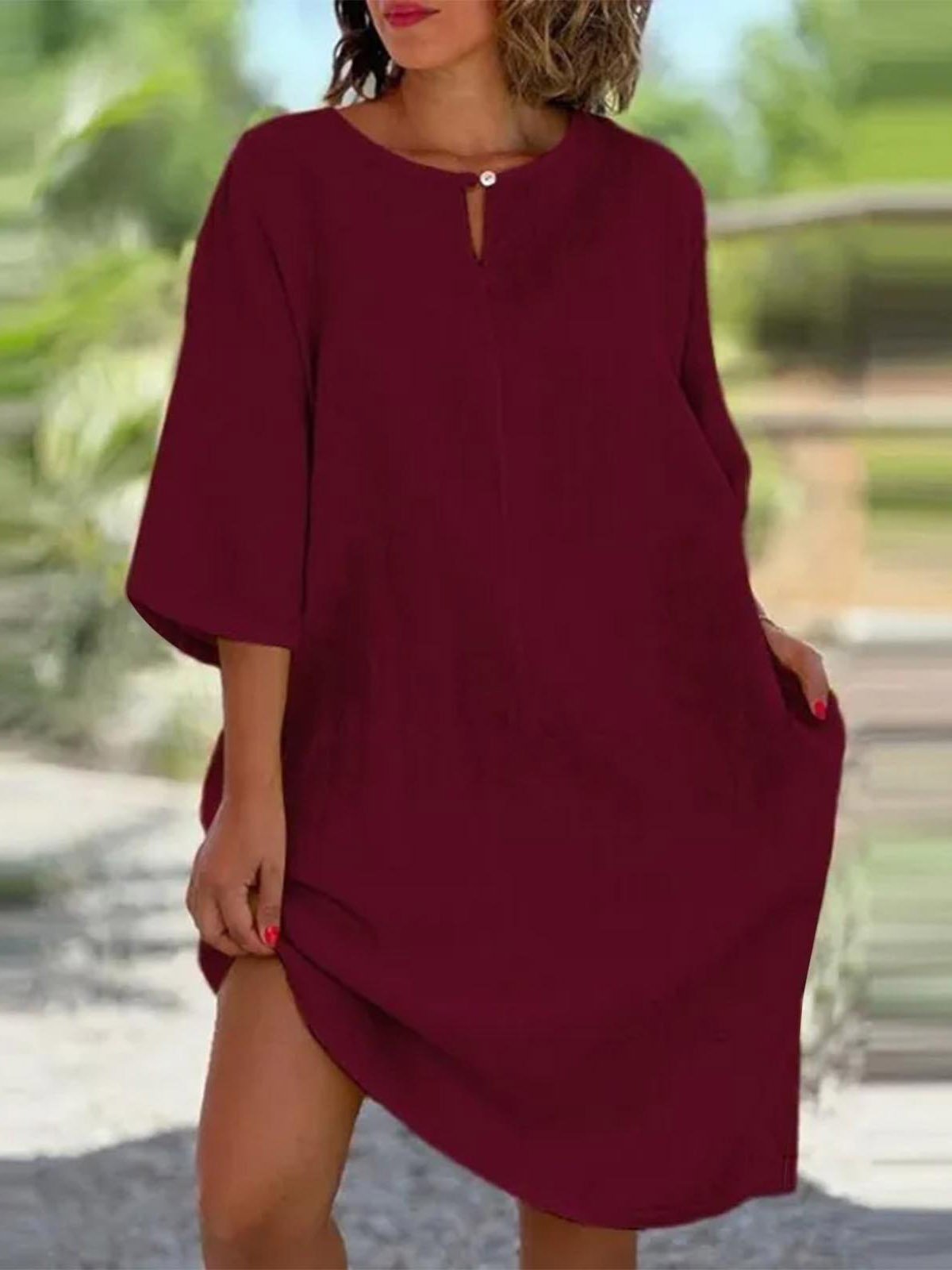 Casual Plain Crew Neck Midi Dress