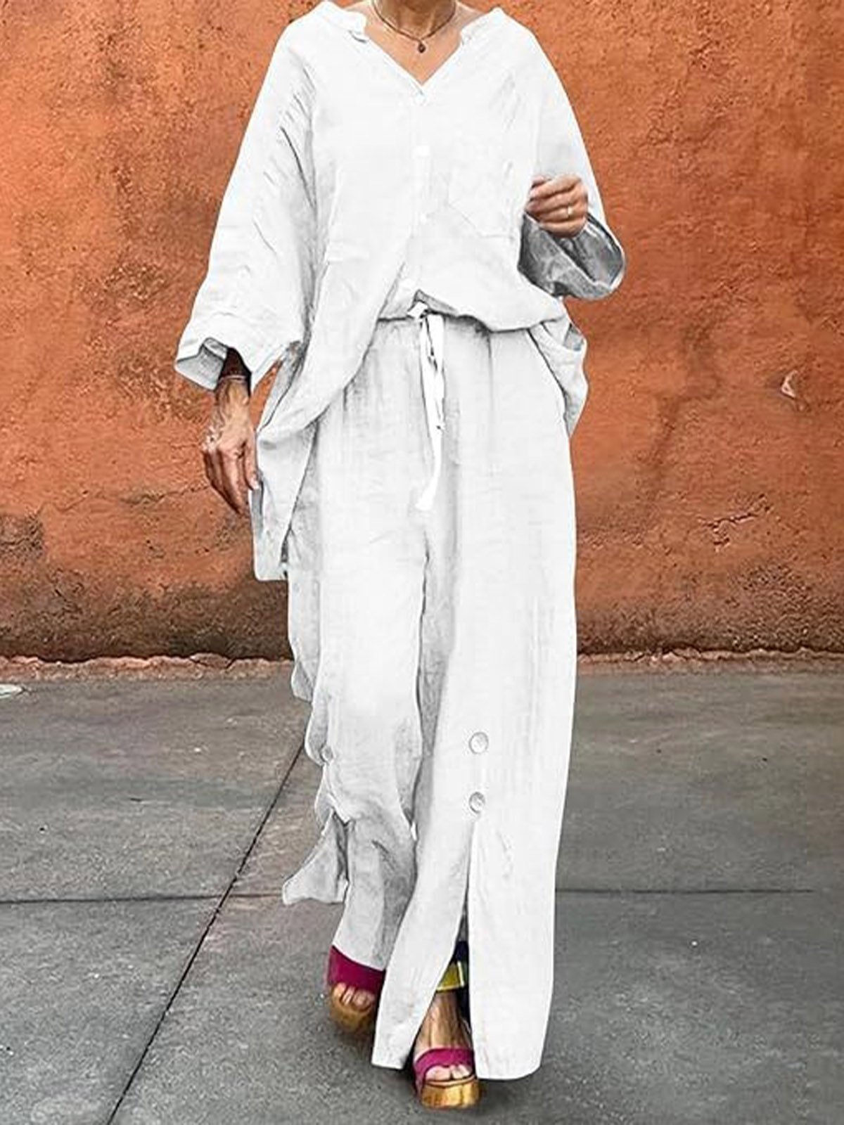 Casual Plain V Neck Two-Piece Set