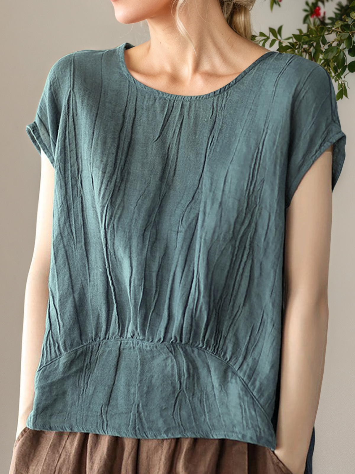Linen Casual Plain Crew Neck linen-cotton Blouse