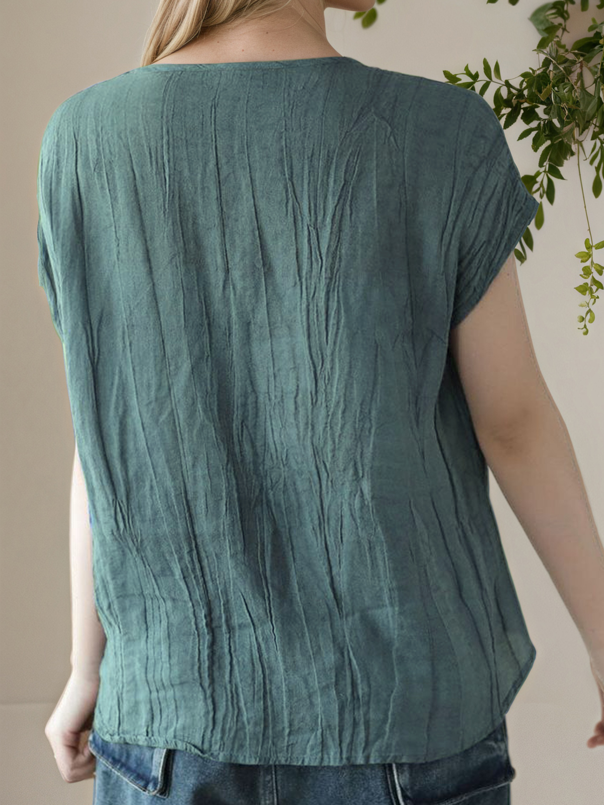 Linen Casual Plain Crew Neck linen-cotton Blouse