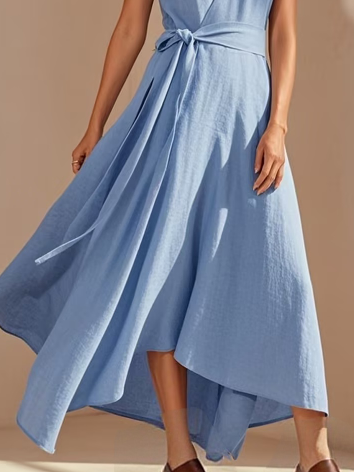 Urban Plain V Neck linen-cotton Maxi Dress Belt
