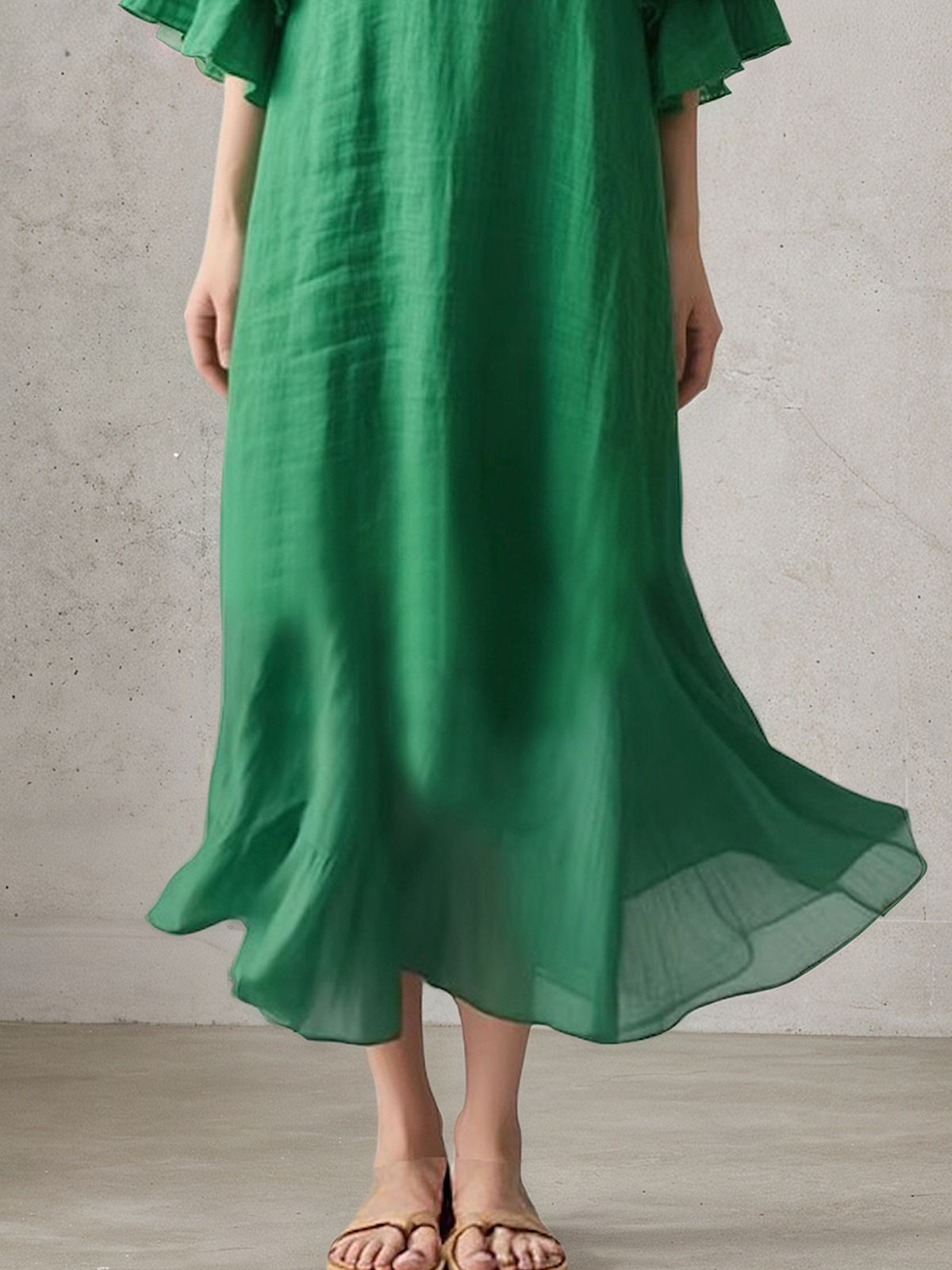 Vacation Plain V Neck linen-cotton Maxi Dress