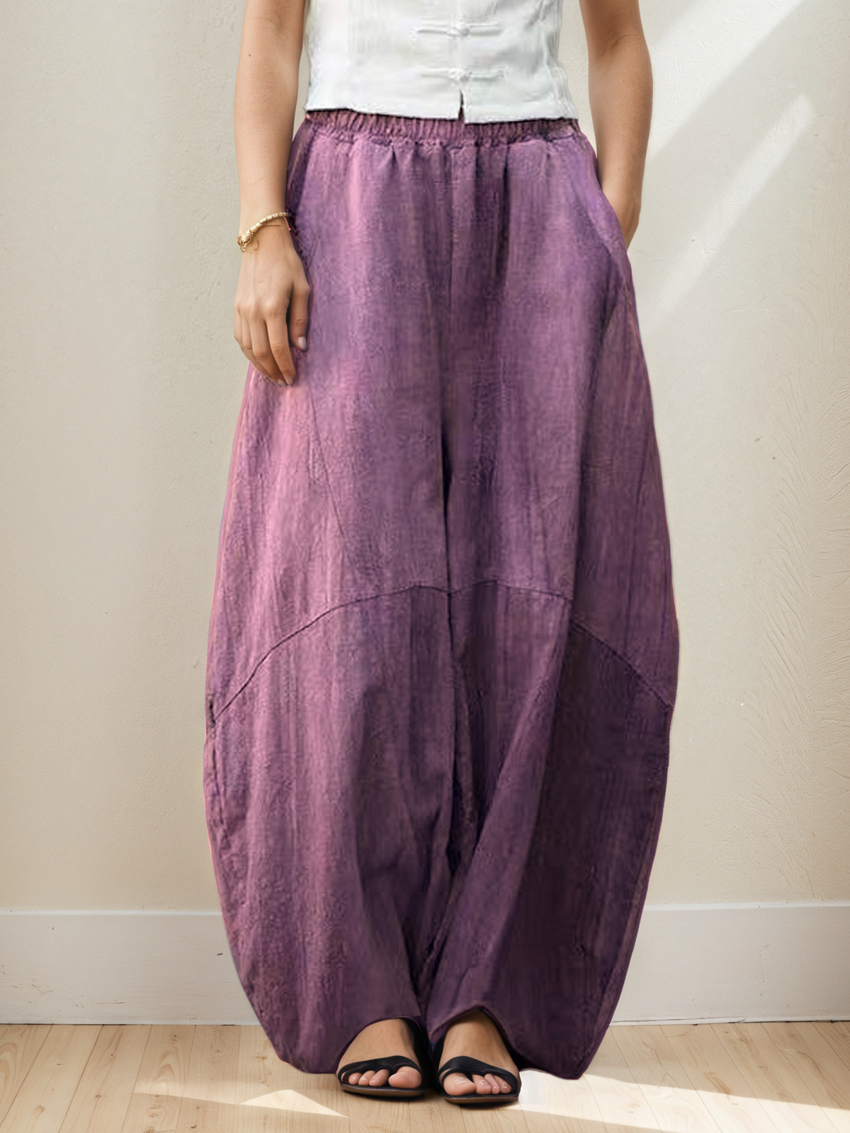 Casual Plain Pocket Stitching linen-cotton Bloomers Pant