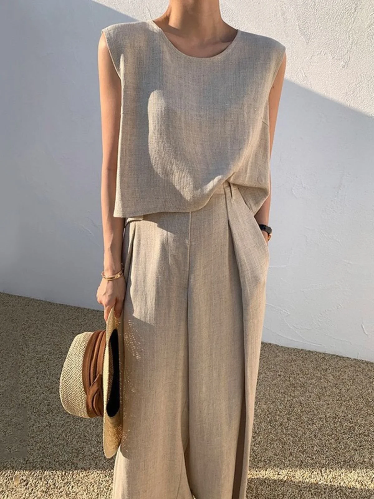 Crew Neck Plain Street Regular Fit Two-Piece Set