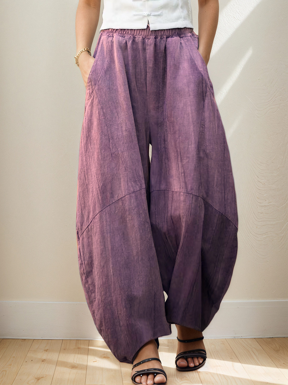 Casual Plain Pocket Stitching linen-cotton Bloomers Pant