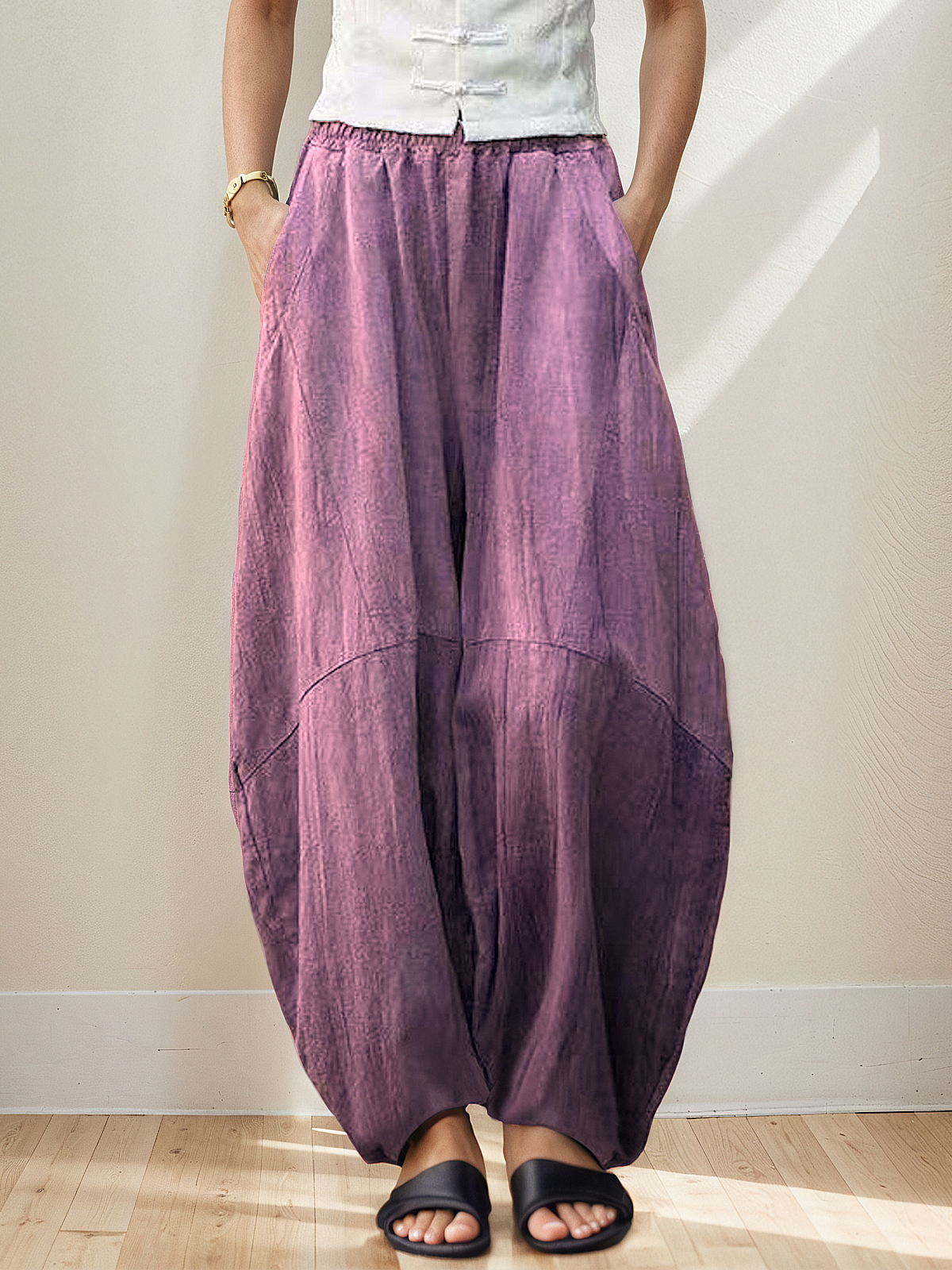 Casual Plain Pocket Stitching linen-cotton Bloomers Pant