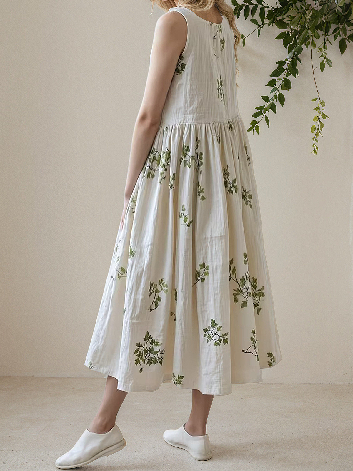 Vacation Plants V Neck linen-cotton Midi Dress
