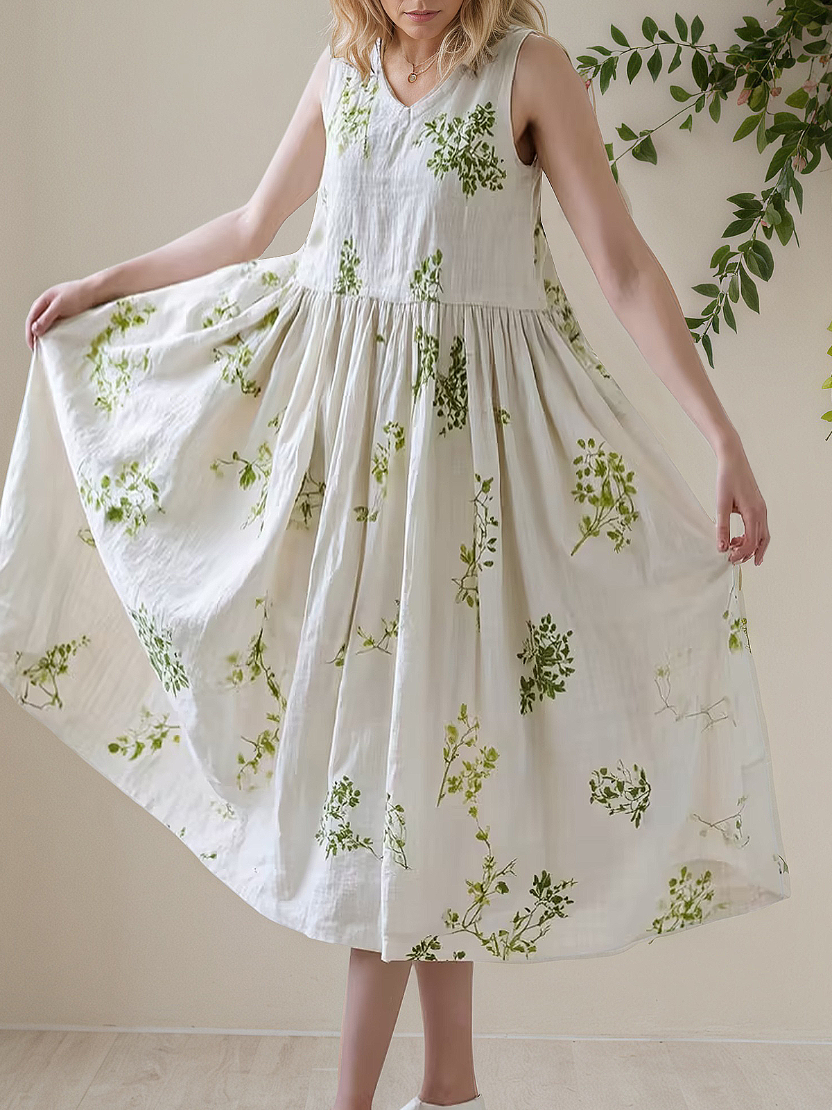 Vacation Plants V Neck linen-cotton Midi Dress