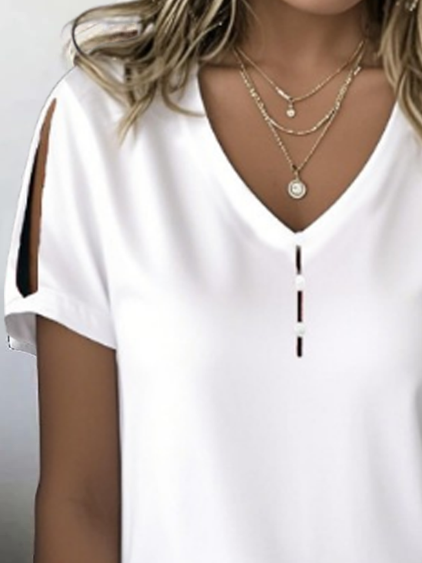 Women Plain V Neck Casual Short Sleeve T-shirt