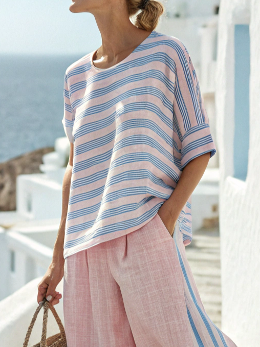 Striped T-shirt Linen Blend Loose Casual Two Piece Set