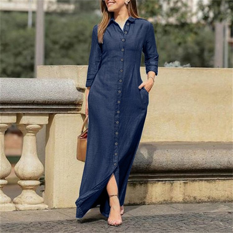 Women's Long Sleeve Spring/Fall Deep Blue Plain Stand Collar Daily Going Out Casual Maxi H-Line Shirt Dress Dress