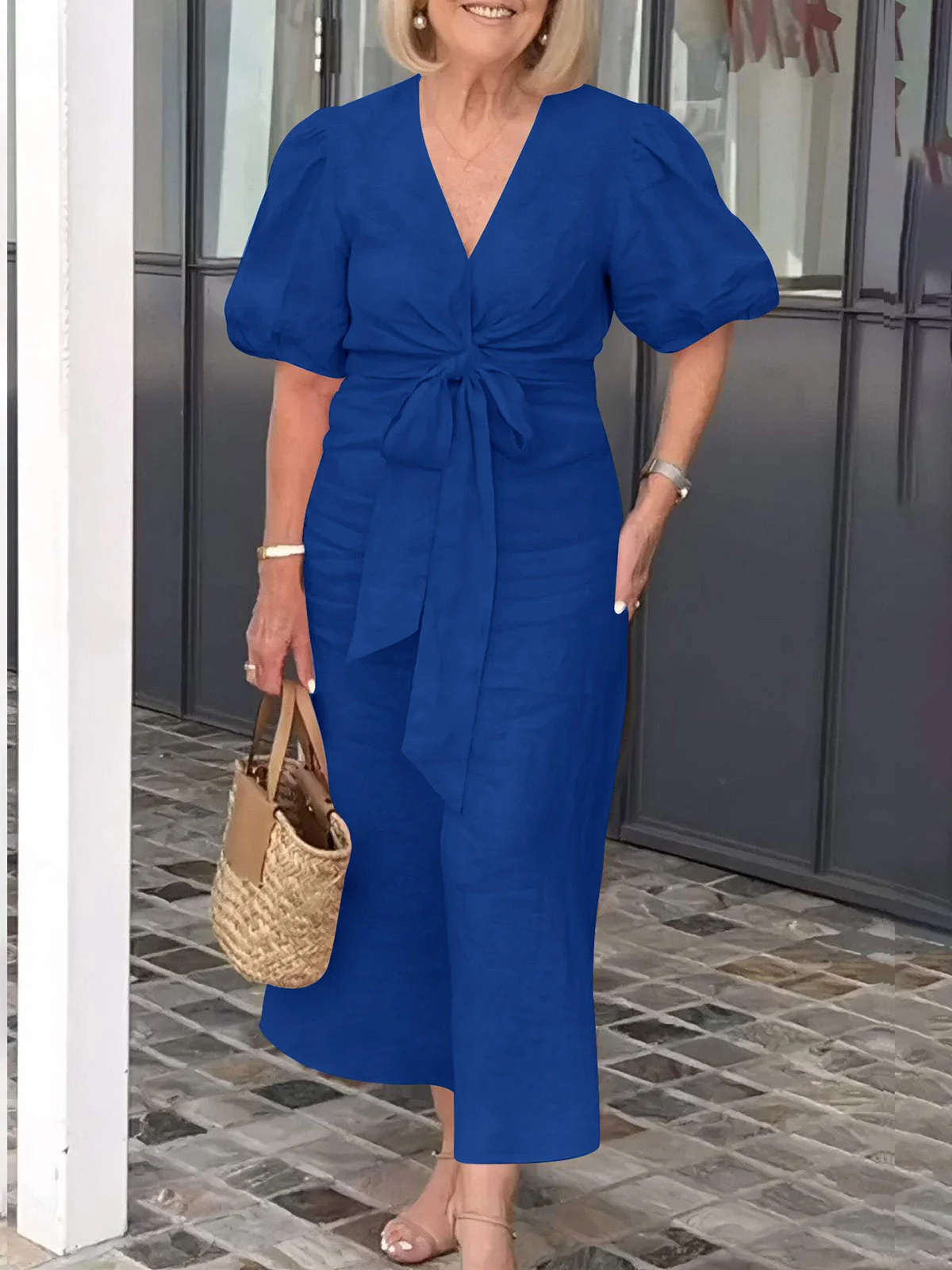 Casual Plain Lace-up V Neck Maxi Dress