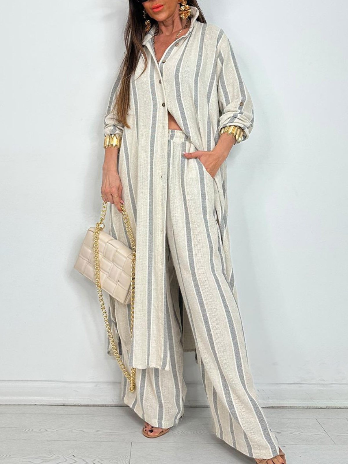 Casual Striped Shirt Collar Two-Piece Set