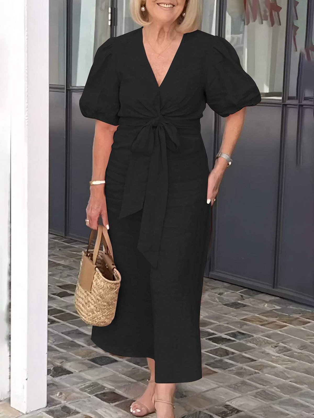 Casual Plain Lace-up V Neck Maxi Dress