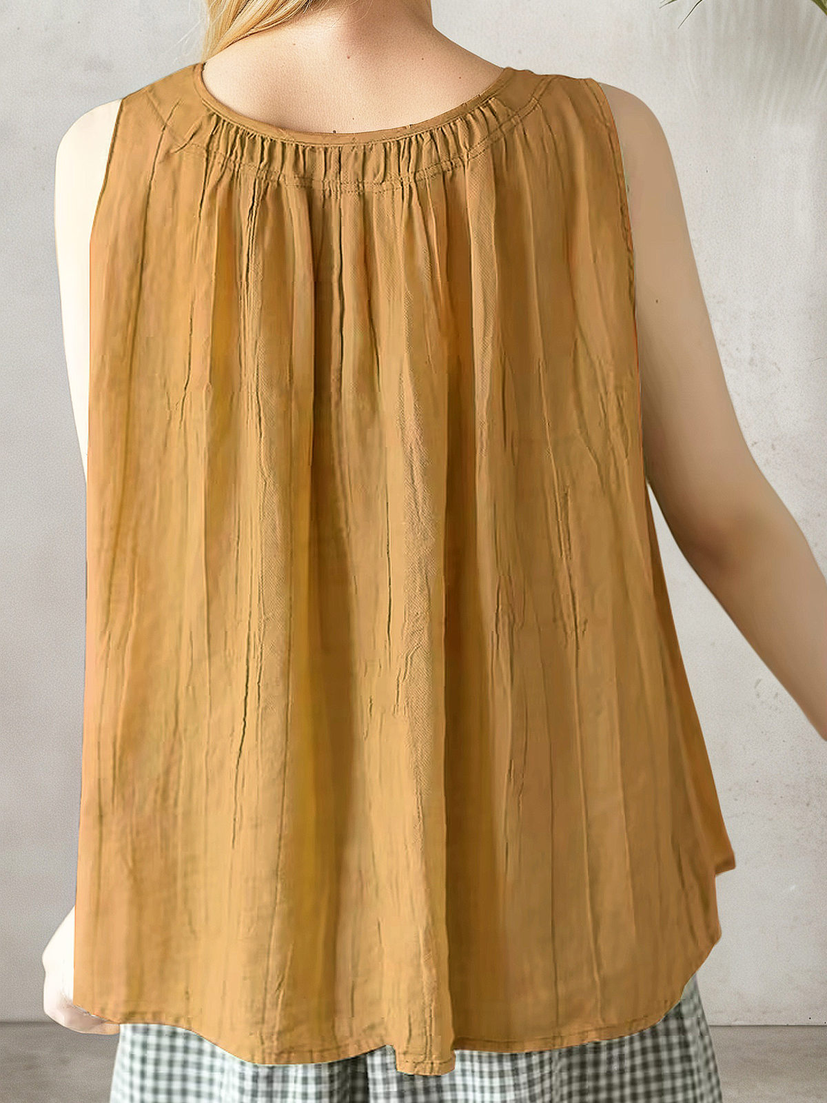 Linen Casual Plain linen-cotton Crew Neck Tank Top