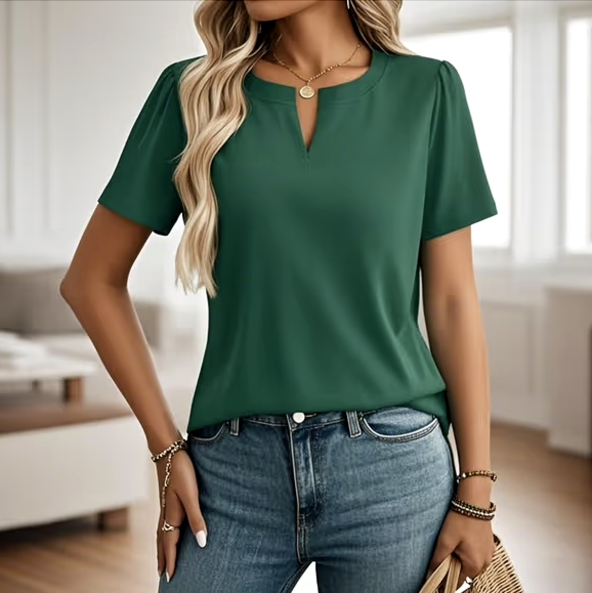 Women Plain V Neck Casual Short Sleeve T-shirt