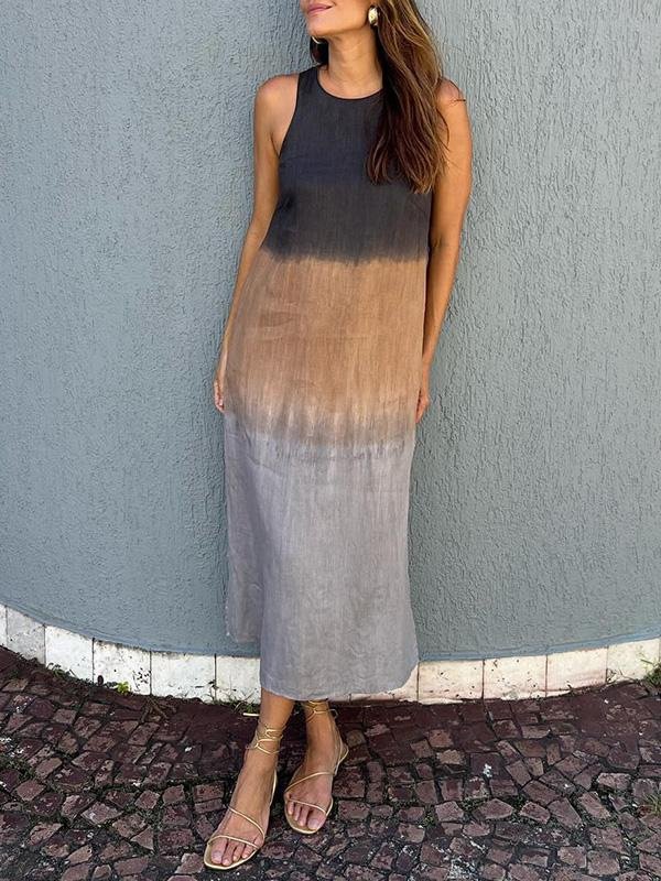 Women's Sleeveless Summer Blue Color Block Crew Neck Daily Going Out Casual Maxi A-Line Flowy Dress Dress