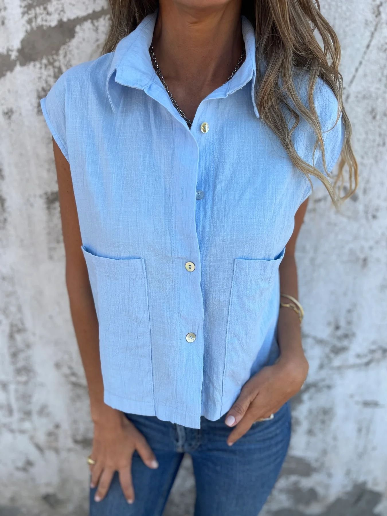 Women's Short Sleeve Shirt Summer Khaki Plain Buckle Cotton Shawl Collar Daily Going Out Casual Top