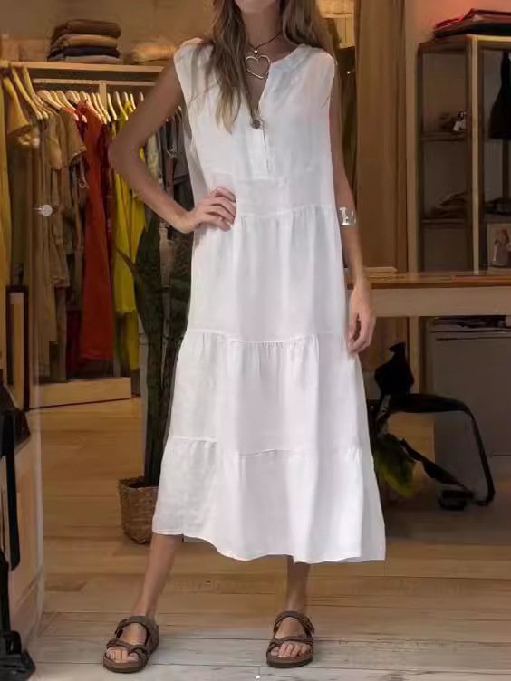 Women's Sleeveless Summer Brick Red Plain Shirred Half Open Collar Daily Going Out Casual Maxi A-Line Tank Dress