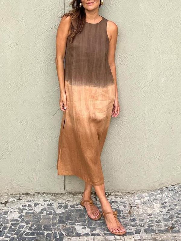 Women's Sleeveless Summer Blue Color Block Crew Neck Daily Going Out Casual Maxi A-Line Flowy Dress Dress