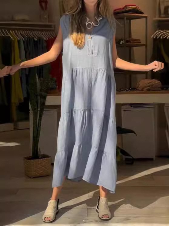 Women's Sleeveless Summer Brick Red Plain Shirred Half Open Collar Daily Going Out Casual Maxi A-Line Tank Dress