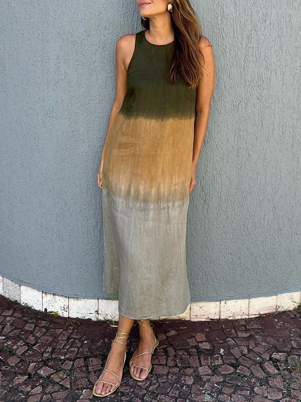 Women's Sleeveless Summer Blue Color Block Crew Neck Daily Going Out Casual Maxi A-Line Flowy Dress Dress