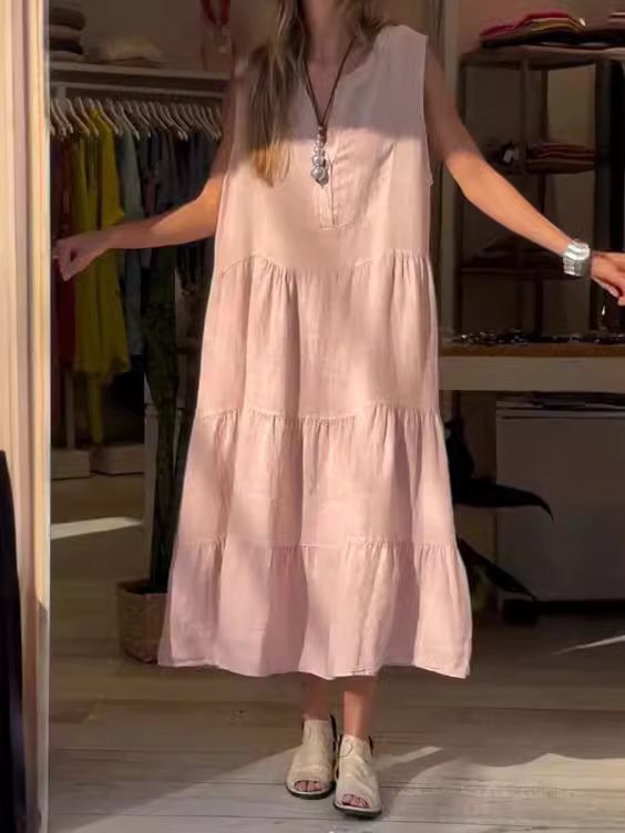 Women's Sleeveless Summer Brick Red Plain Shirred Half Open Collar Daily Going Out Casual Maxi A-Line Tank Dress