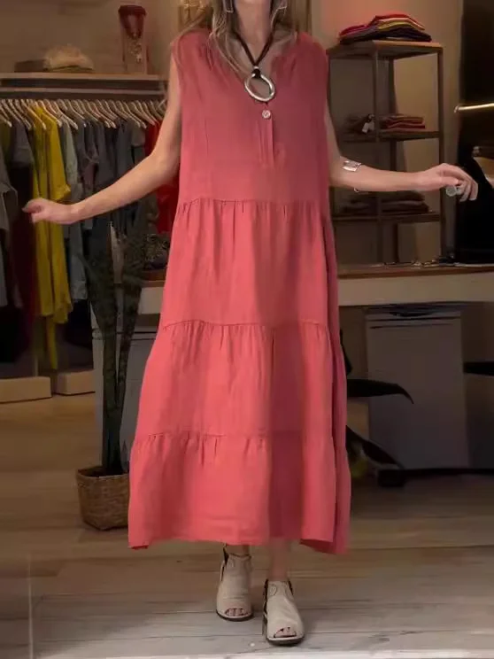 Women's Sleeveless Summer Brick Red Plain Shirred Half Open Collar Daily Going Out Casual Maxi A-Line Tank Dress