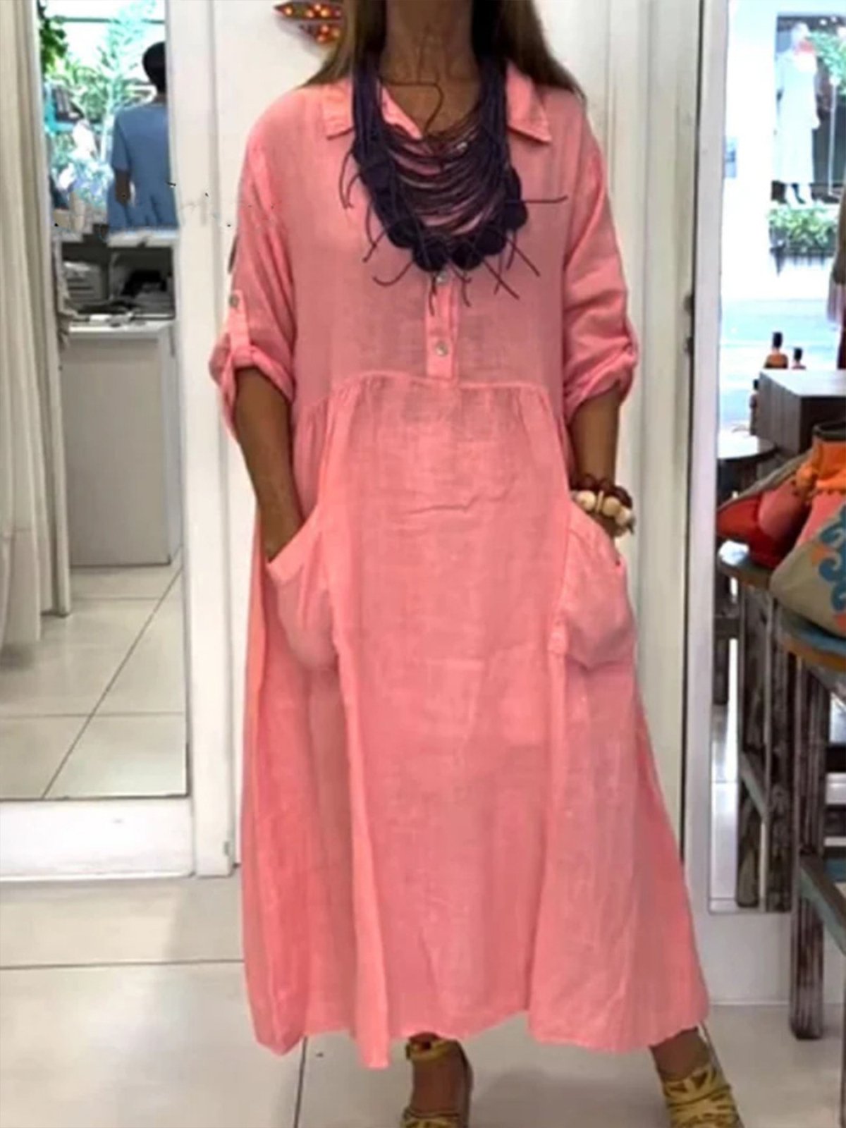 Casual Plain Shirt Collar Maxi Dress