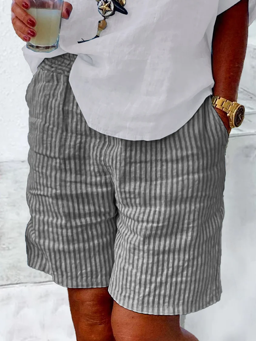 Summer New Linen Shorts Casual Loose Ladies Thin Pajama Pants Striped Outer Wear Beach Shorts