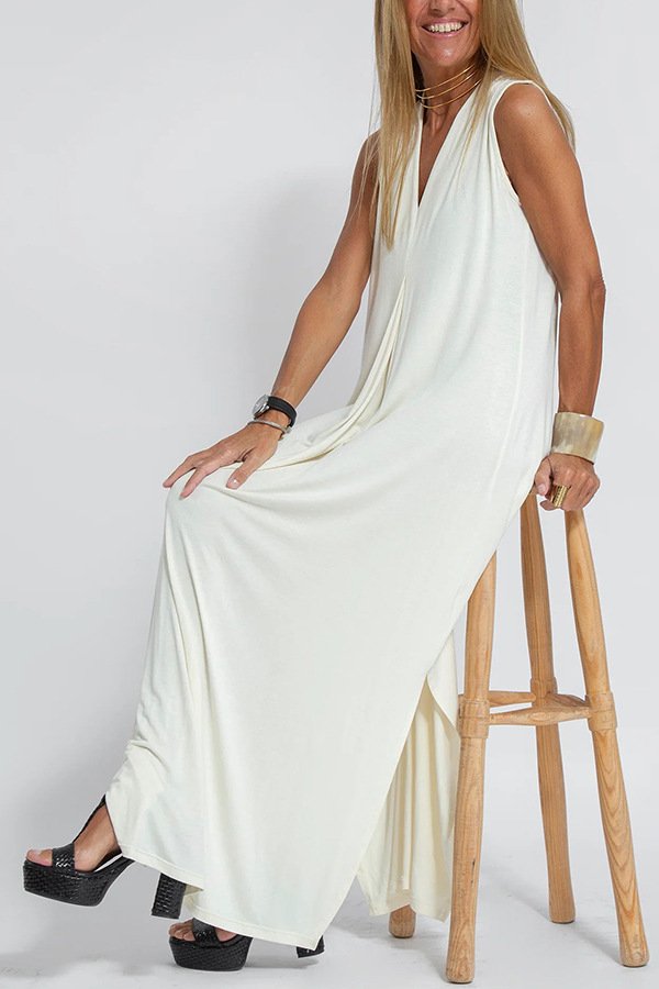 Women's Sleeveless Summer Khaki Plain Split Joint V Neck Daily Going Out Casual Maxi A-Line Fit & Flare Dress Dress