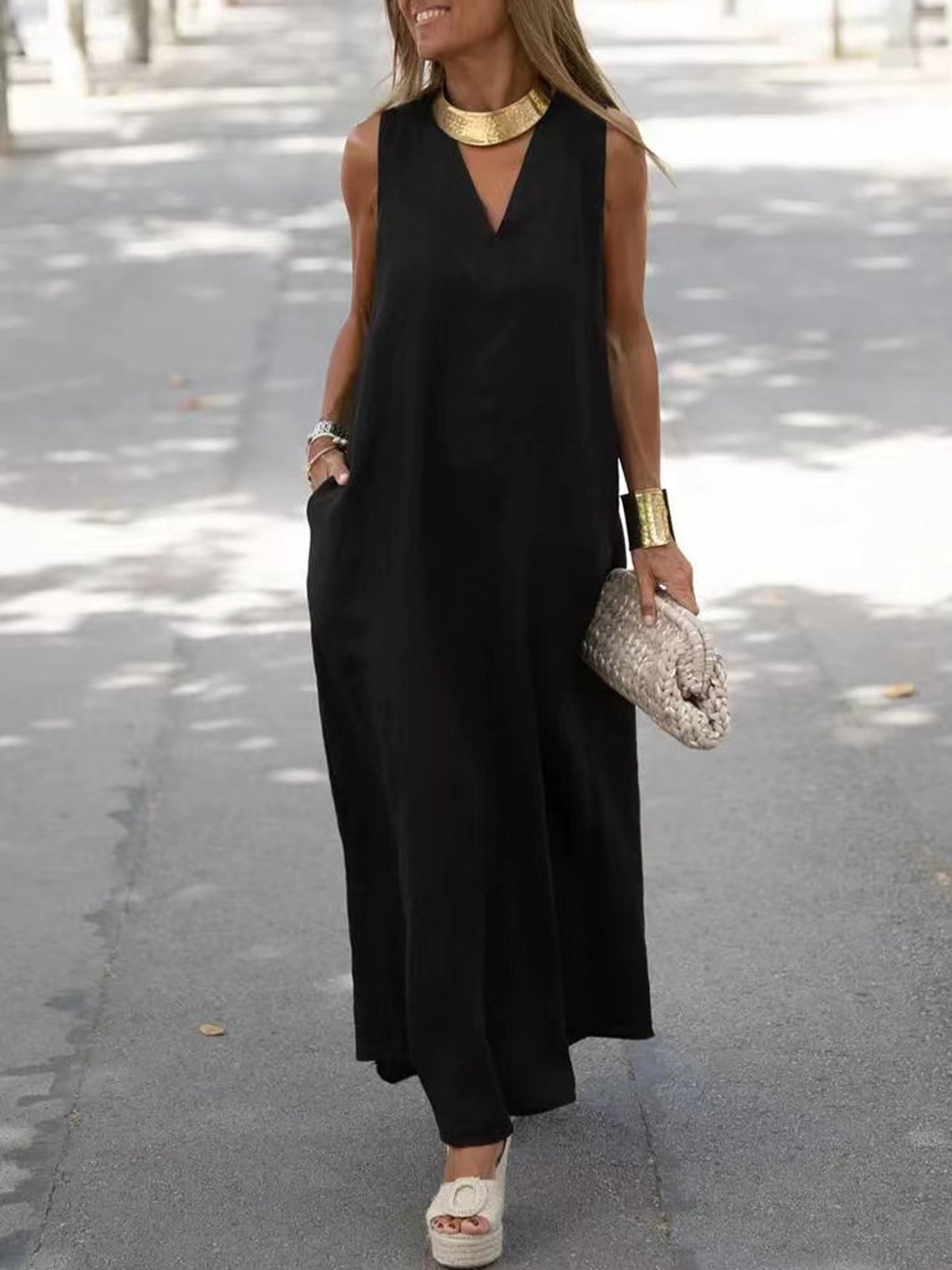 Casual Plain V Neck Maxi Dress