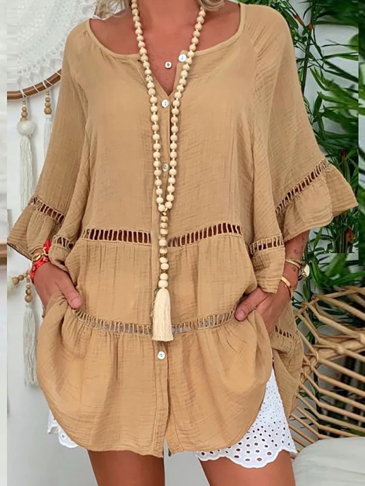 Casual Plain Half Open Collar Blouse