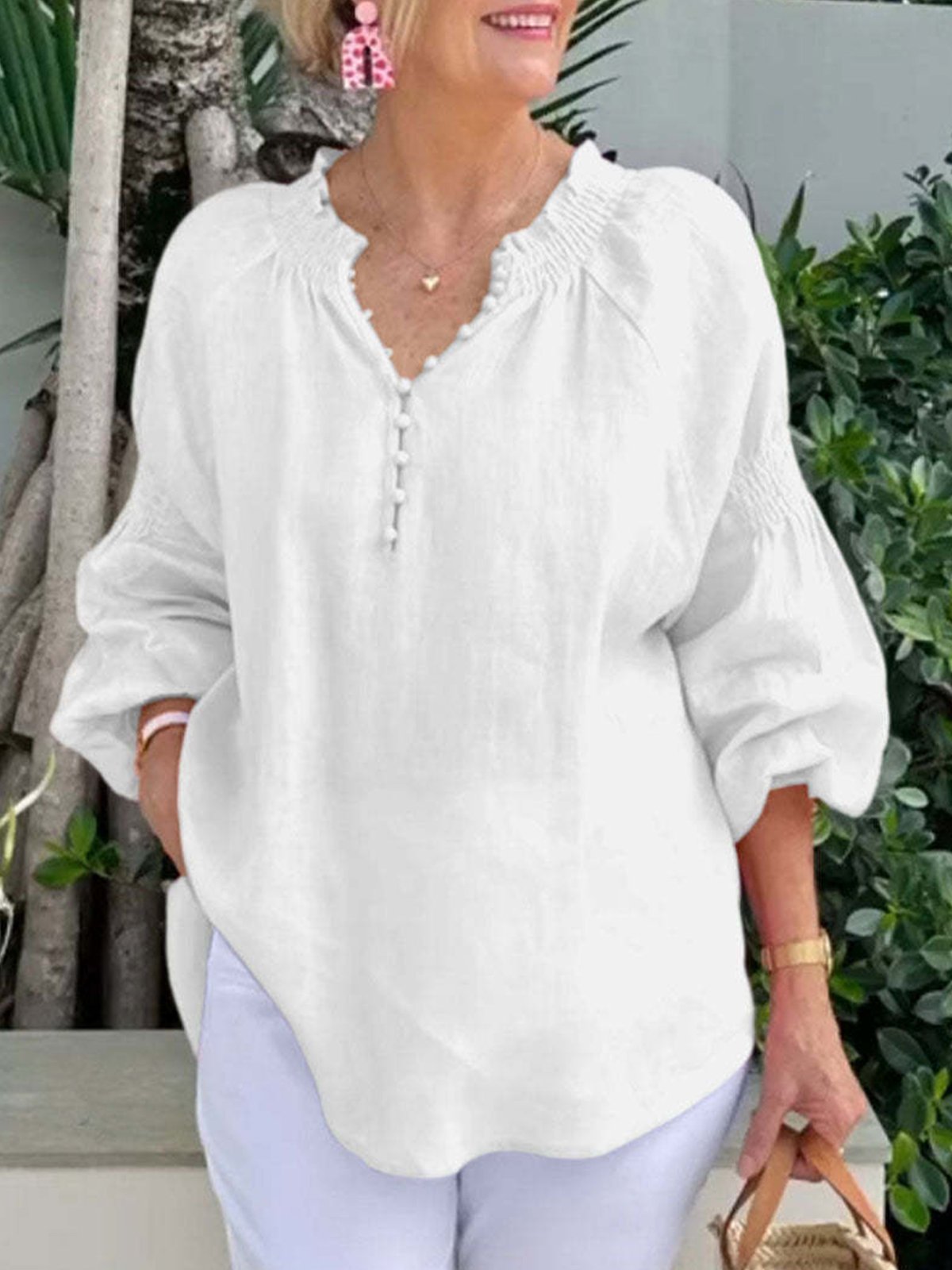 Casual Plain Half Open Collar Blouse