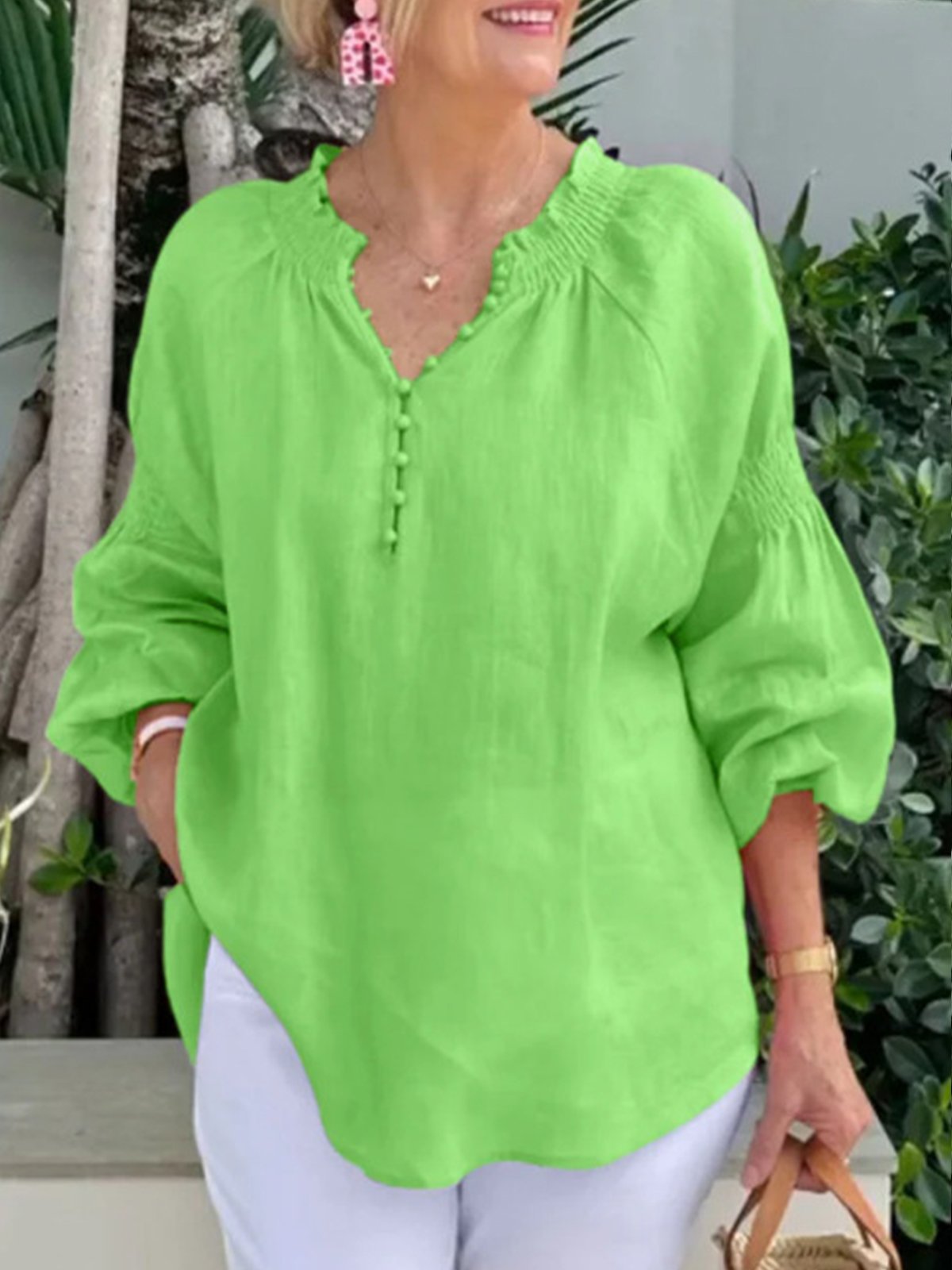 Casual Plain Half Open Collar Blouse