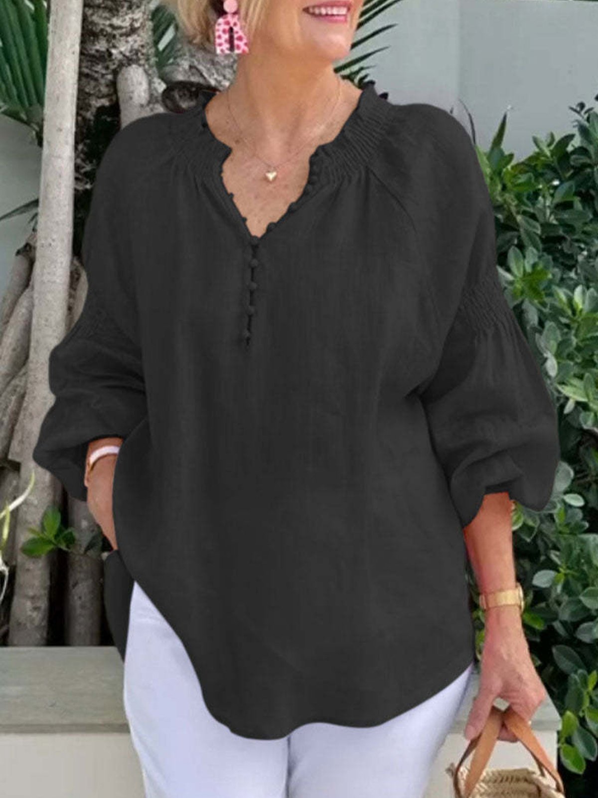 Casual Plain Half Open Collar Blouse