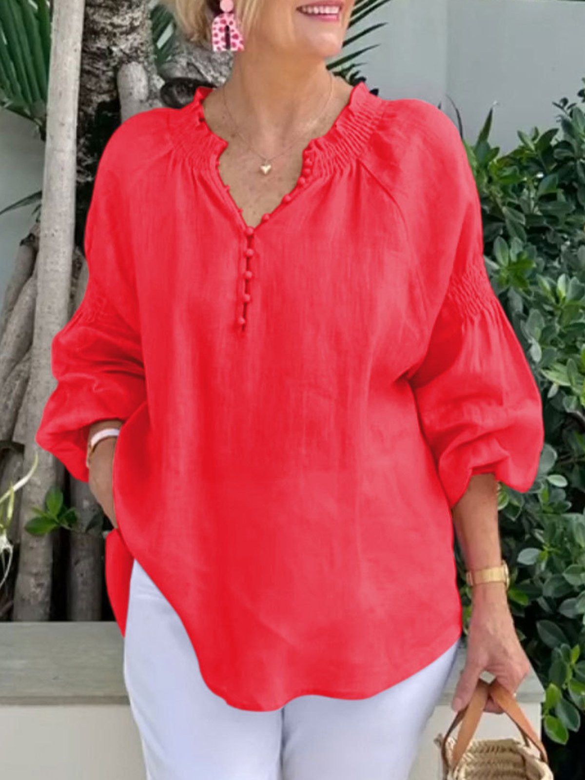 Casual Plain Half Open Collar Blouse