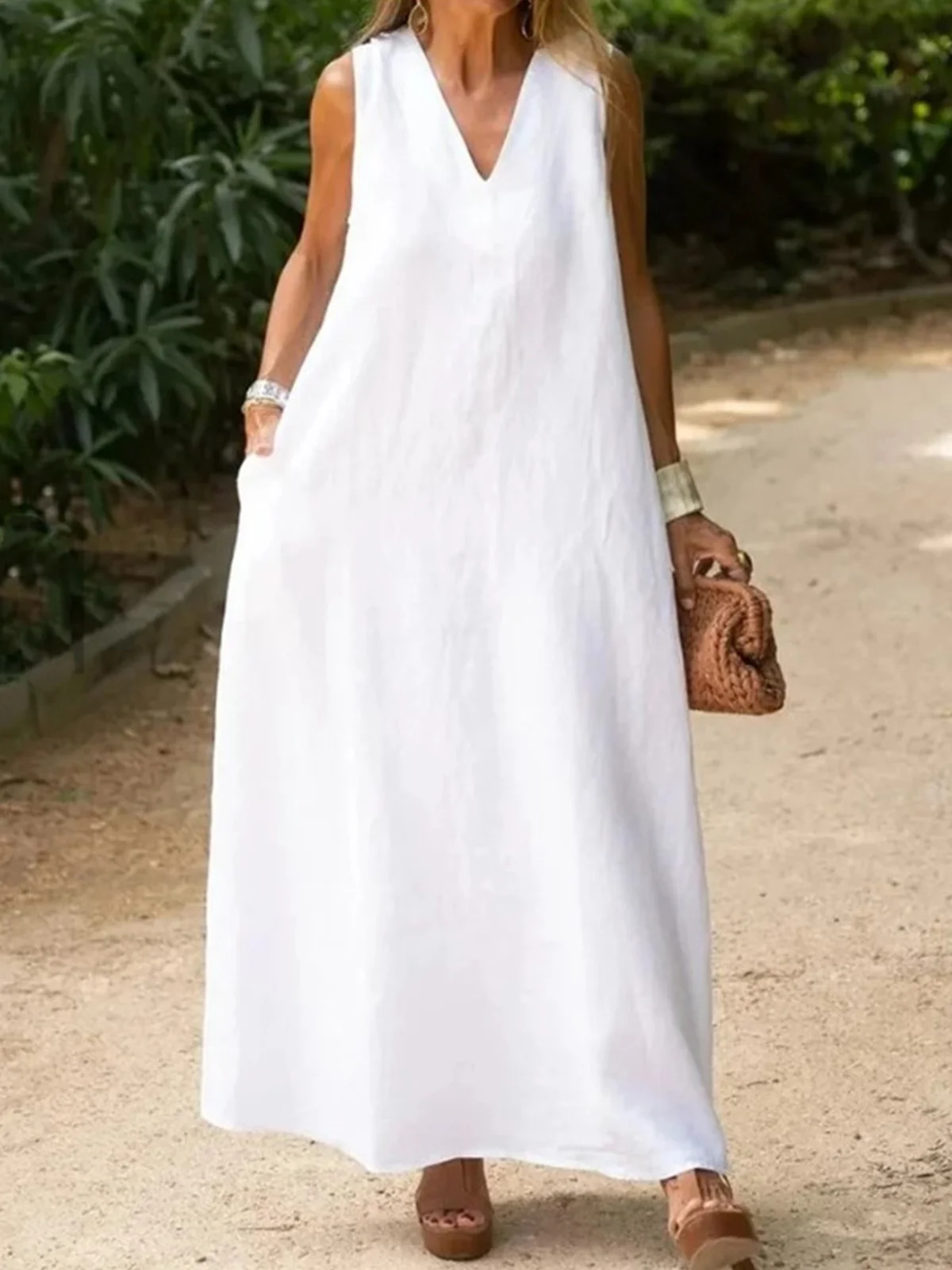 Casual Plain V Neck Maxi Dress