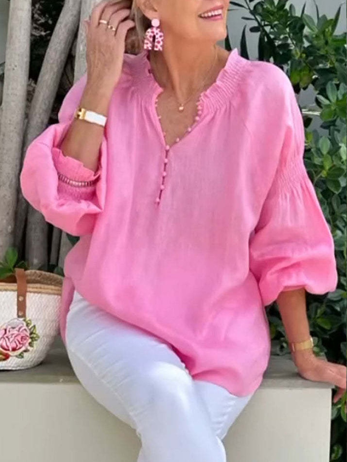 Casual Plain Half Open Collar Blouse