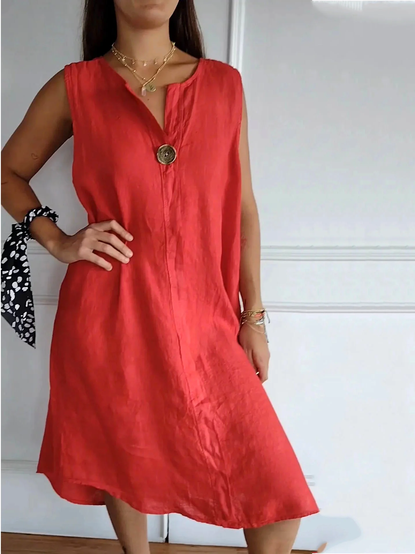 Casual V Neck Plain Regular Fit Dress With No