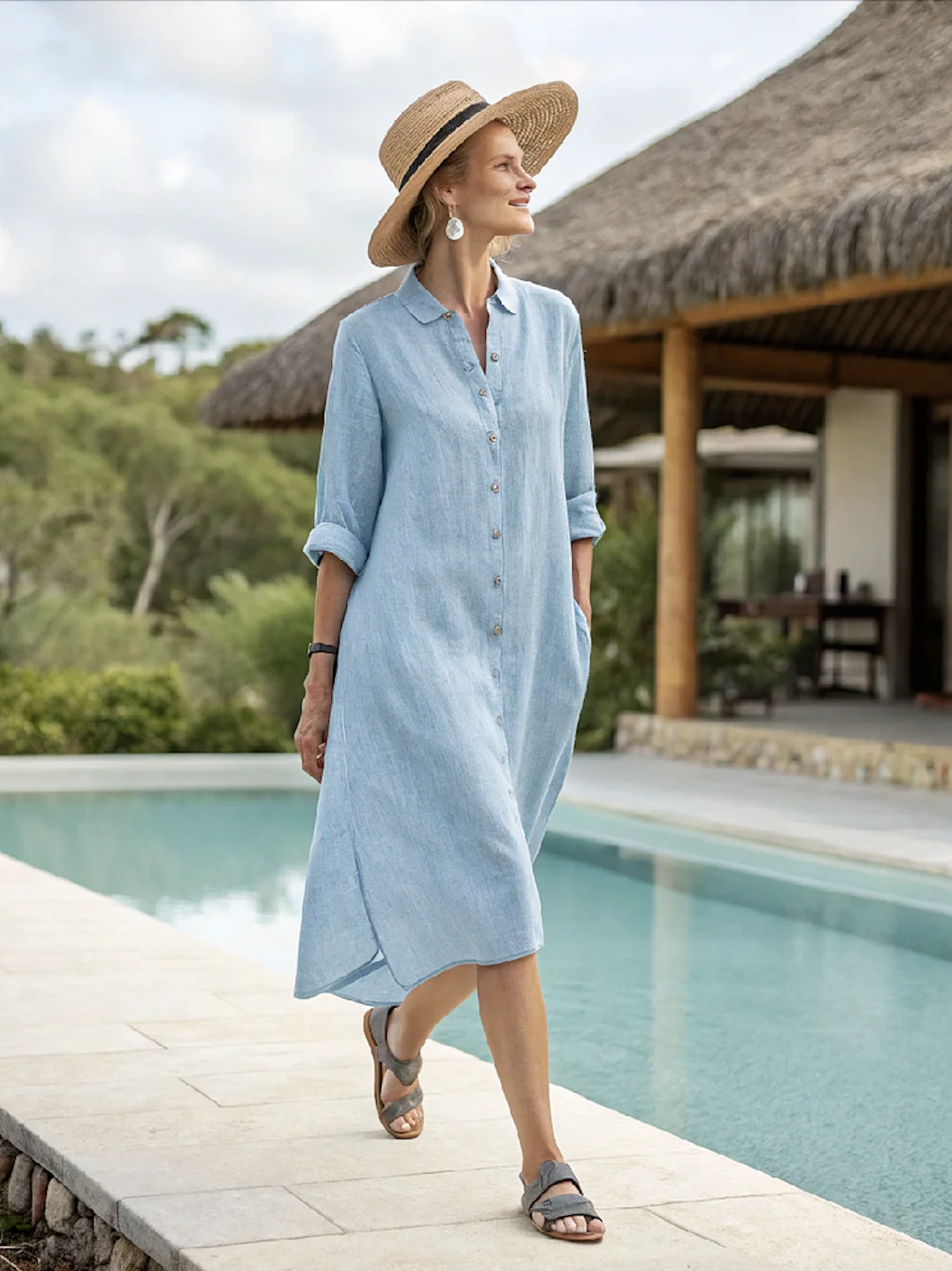 Plain Cotton Casual Dress With No