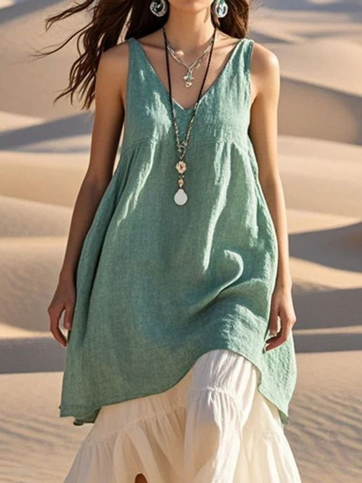 Plain Linen Casual Dress With No