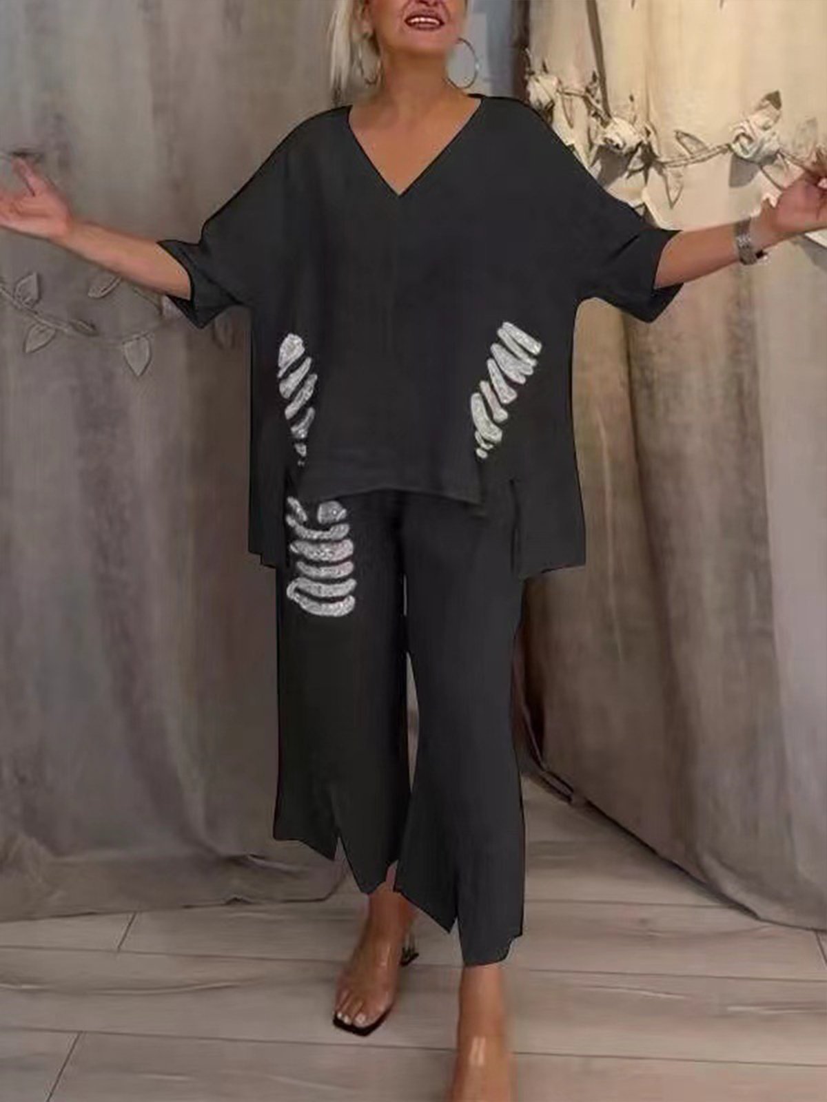 Casual Plain V Neck Two-Piece Set
