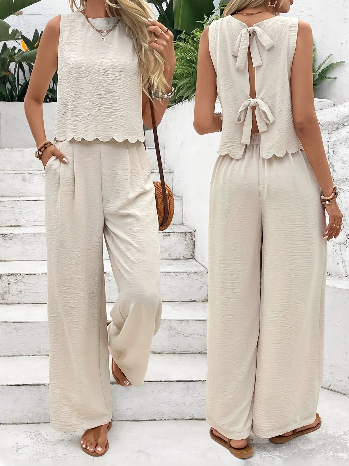 Plain Casual Crew Neck Two-Piece Set
