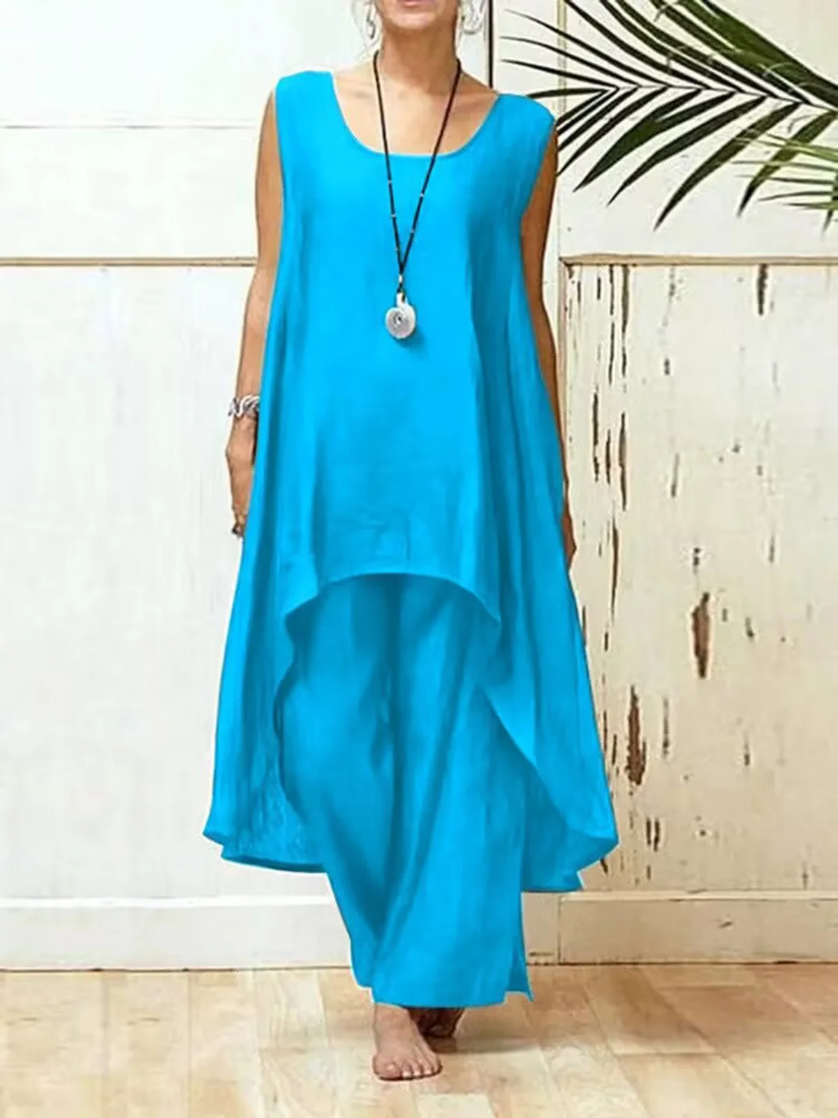 Casual Plain Crew Neck Two-Piece Set