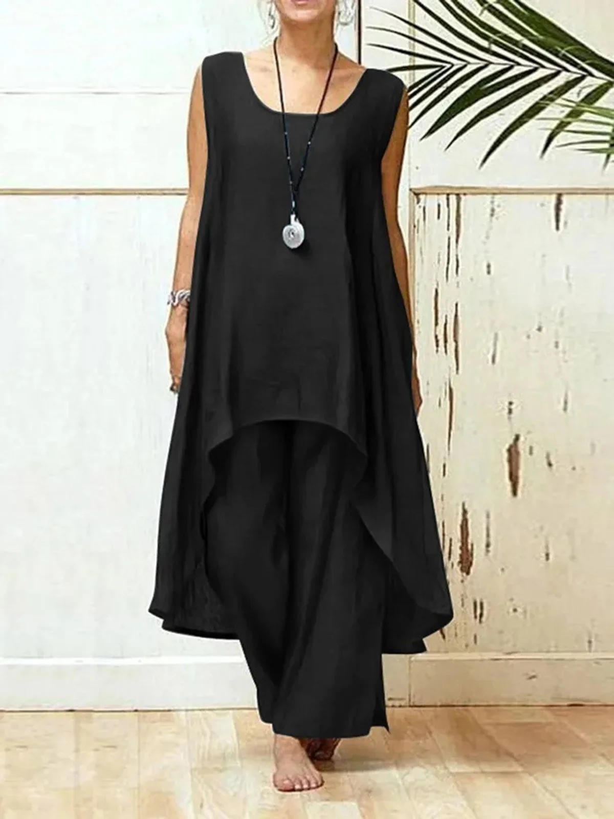 Casual Plain Crew Neck Two-Piece Set