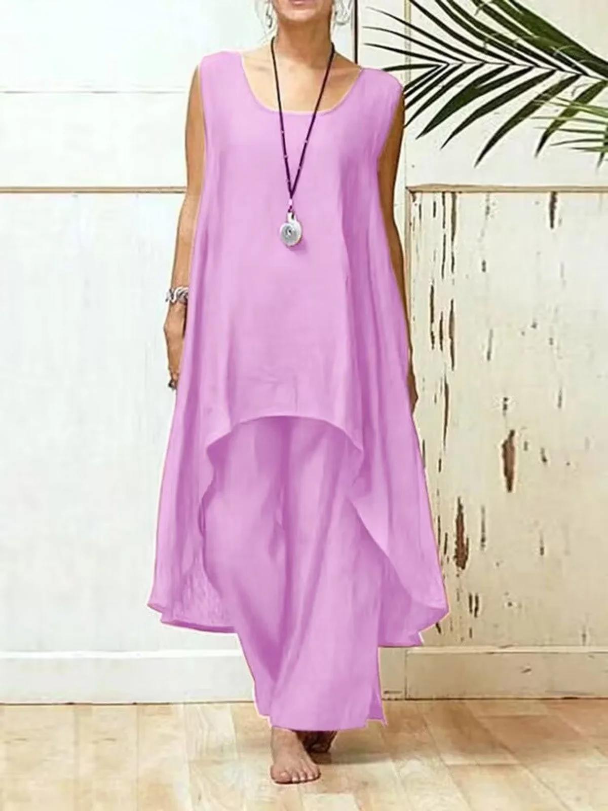 Casual Plain Crew Neck Two-Piece Set
